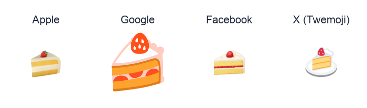 Shortcake emoji artwork compared side by side for Apple, Google Noto, Facebook, and X Twemoji styles on white.
