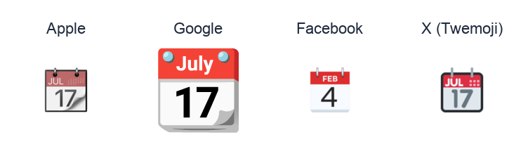 Tear-Off Calendar emoji artwork compared side by side for Apple, Google Noto, Facebook, and X Twemoji styles on white.