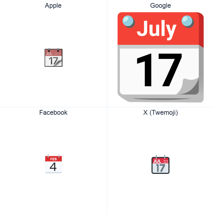 Tear-Off Calendar emoji in a square grid: Apple and Google on the top row, Facebook and X Twemoji on the bottom, on white.