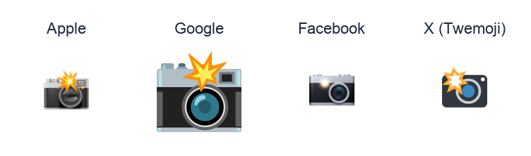 Camera With Flash emoji artwork compared side by side for Apple, Google Noto, Facebook, and X Twemoji styles on white.
