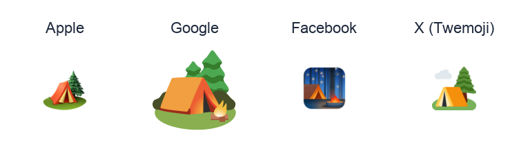 Camping emoji artwork compared side by side for Apple, Google Noto, Facebook, and X Twemoji styles on white.