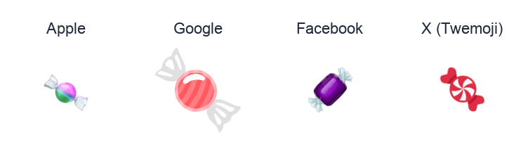Candy emoji artwork compared side by side for Apple, Google Noto, Facebook, and X Twemoji styles on white.