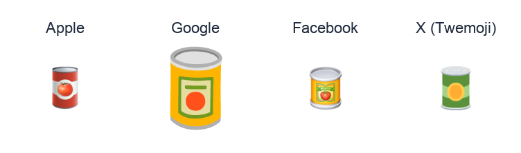 Canned Food emoji artwork compared side by side for Apple, Google Noto, Facebook, and X Twemoji styles on white.