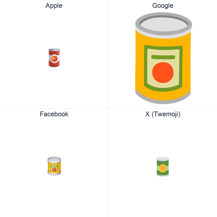 Canned Food emoji in a square grid: Apple and Google on the top row, Facebook and X Twemoji on the bottom, on white.