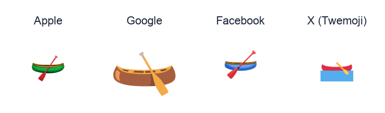Canoe emoji artwork compared side by side for Apple, Google Noto, Facebook, and X Twemoji styles on white.