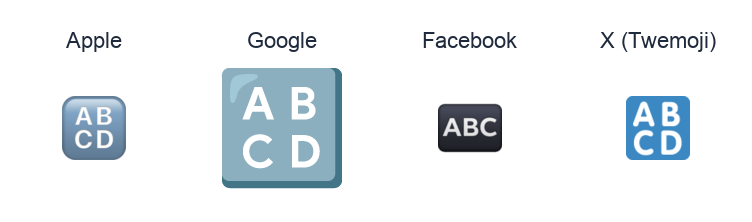 Input Symbol For Latin Capital Letters emoji artwork compared side by side for Apple, Google Noto, Facebook, and X Twemoji styles on white.