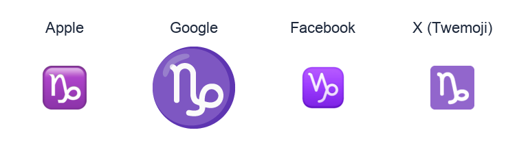 Capricorn emoji artwork compared side by side for Apple, Google Noto, Facebook, and X Twemoji styles on white.