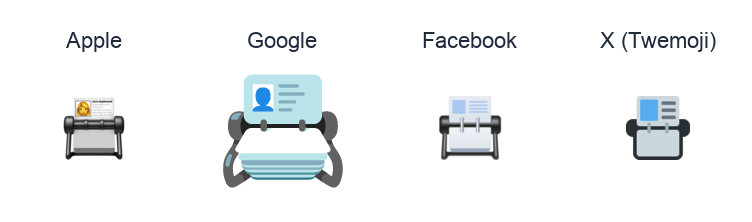 Card Index emoji artwork compared side by side for Apple, Google Noto, Facebook, and X Twemoji styles on white.
