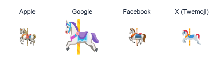Carousel Horse emoji artwork compared side by side for Apple, Google Noto, Facebook, and X Twemoji styles on white.
