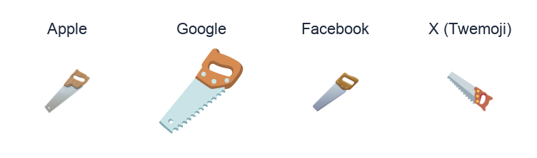 Carpentry Saw emoji artwork compared side by side for Apple, Google Noto, Facebook, and X Twemoji styles on white.