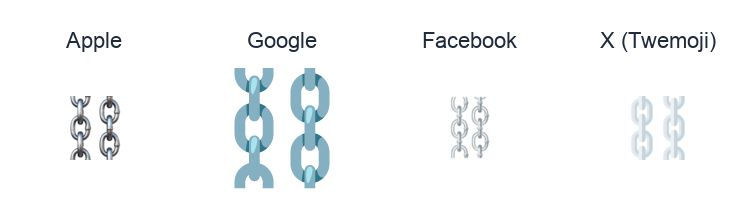Chains emoji artwork compared side by side for Apple, Google Noto, Facebook, and X Twemoji styles on white.