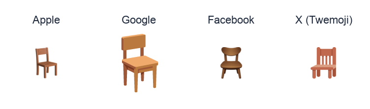 Chair emoji artwork compared side by side for Apple, Google Noto, Facebook, and X Twemoji styles on white.