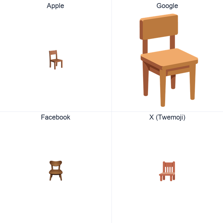 Chair emoji in a square grid: Apple and Google on the top row, Facebook and X Twemoji on the bottom, on white.