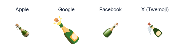 Bottle With Popping Cork emoji artwork compared side by side for Apple, Google Noto, Facebook, and X Twemoji styles on white.