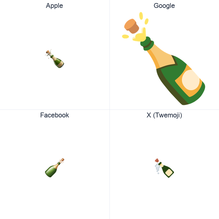 Bottle With Popping Cork emoji in a square grid: Apple and Google on the top row, Facebook and X Twemoji on the bottom, on white.