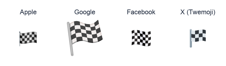 Chequered Flag emoji artwork compared side by side for Apple, Google Noto, Facebook, and X Twemoji styles on white.