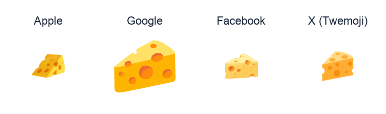Cheese Wedge emoji artwork compared side by side for Apple, Google Noto, Facebook, and X Twemoji styles on white.