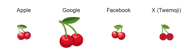 Cherries emoji artwork compared side by side for Apple, Google Noto, Facebook, and X Twemoji styles on white.
