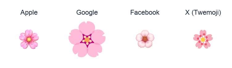 Cherry Blossom emoji artwork compared side by side for Apple, Google Noto, Facebook, and X Twemoji styles on white.