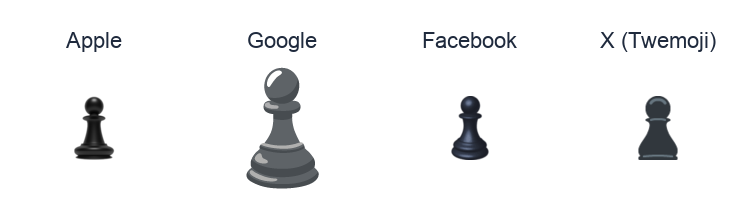 Chess Pawn emoji artwork compared side by side for Apple, Google Noto, Facebook, and X Twemoji styles on white.