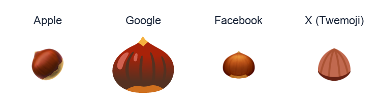 Chestnut emoji artwork compared side by side for Apple, Google Noto, Facebook, and X Twemoji styles on white.