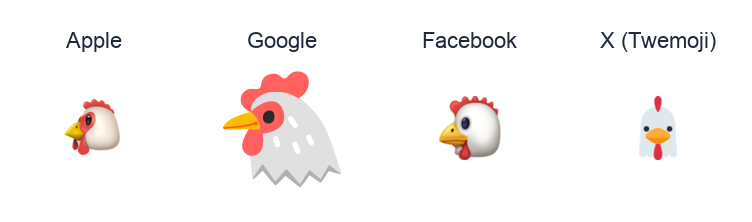Chicken emoji artwork compared side by side for Apple, Google Noto, Facebook, and X Twemoji styles on white.