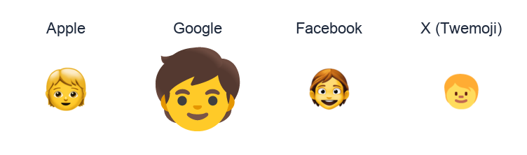 Child emoji artwork compared side by side for Apple, Google Noto, Facebook, and X Twemoji styles on white.