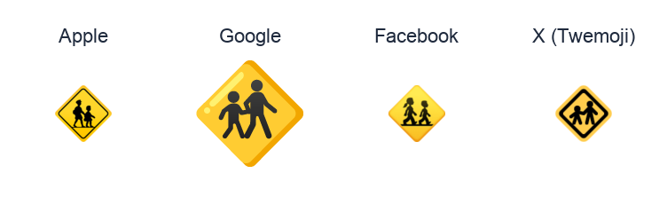 Children Crossing emoji artwork compared side by side for Apple, Google Noto, Facebook, and X Twemoji styles on white.