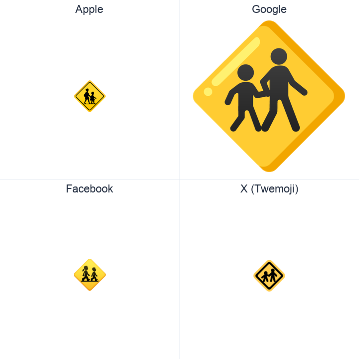 Children Crossing emoji in a square grid: Apple and Google on the top row, Facebook and X Twemoji on the bottom, on white.