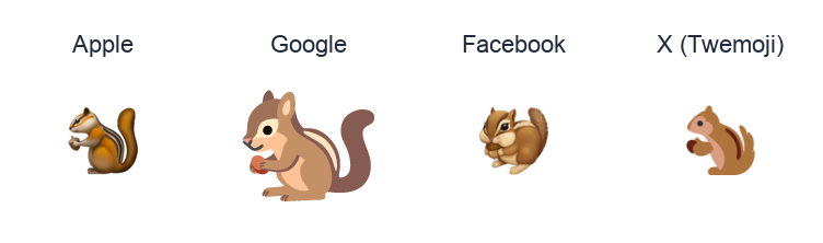 Chipmunk emoji artwork compared side by side for Apple, Google Noto, Facebook, and X Twemoji styles on white.