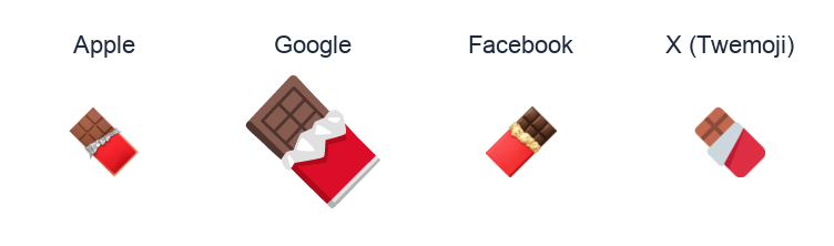 Chocolate Bar emoji artwork compared side by side for Apple, Google Noto, Facebook, and X Twemoji styles on white.