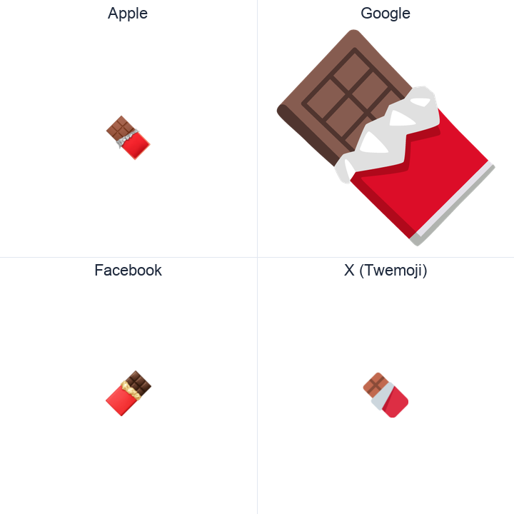 Chocolate Bar emoji in a square grid: Apple and Google on the top row, Facebook and X Twemoji on the bottom, on white.