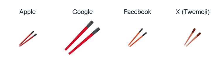 Chopsticks emoji artwork compared side by side for Apple, Google Noto, Facebook, and X Twemoji styles on white.