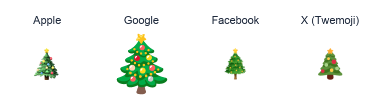Christmas Tree emoji artwork compared side by side for Apple, Google Noto, Facebook, and X Twemoji styles on white.