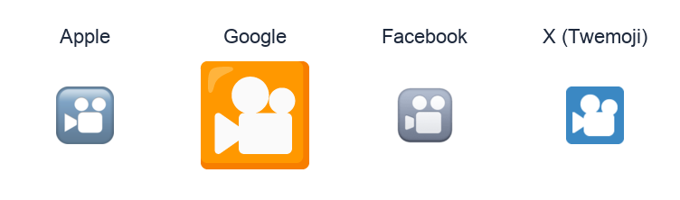 Cinema emoji artwork compared side by side for Apple, Google Noto, Facebook, and X Twemoji styles on white.