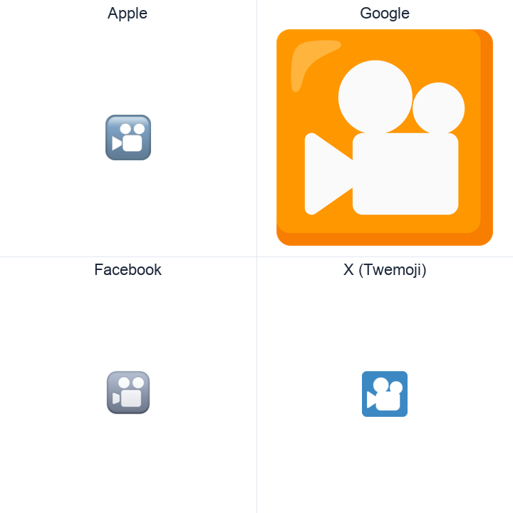 Cinema emoji in a square grid: Apple and Google on the top row, Facebook and X Twemoji on the bottom, on white.
