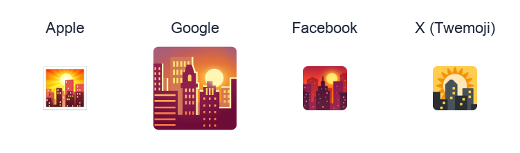 Sunset Over Buildings emoji artwork compared side by side for Apple, Google Noto, Facebook, and X Twemoji styles on white.