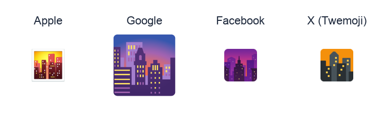 Cityscape At Dusk emoji artwork compared side by side for Apple, Google Noto, Facebook, and X Twemoji styles on white.
