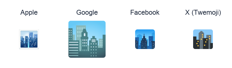 Cityscape emoji artwork compared side by side for Apple, Google Noto, Facebook, and X Twemoji styles on white.
