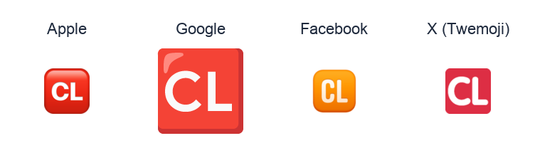 Squared Cl emoji artwork compared side by side for Apple, Google Noto, Facebook, and X Twemoji styles on white.