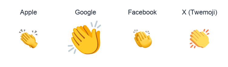 Clapping Hands Sign emoji artwork compared side by side for Apple, Google Noto, Facebook, and X Twemoji styles on white.