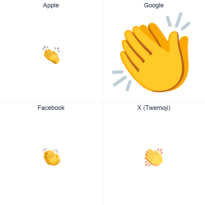 Clapping Hands Sign emoji in a square grid: Apple and Google on the top row, Facebook and X Twemoji on the bottom, on white.