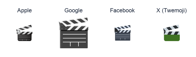 Clapper Board emoji artwork compared side by side for Apple, Google Noto, Facebook, and X Twemoji styles on white.