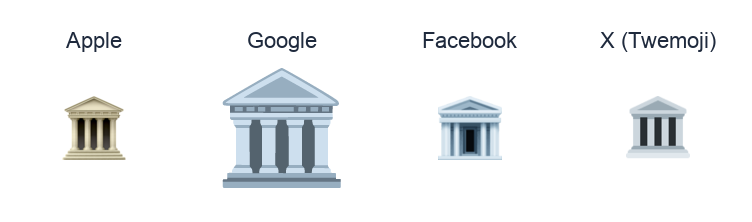 Classical Building emoji artwork compared side by side for Apple, Google Noto, Facebook, and X Twemoji styles on white.