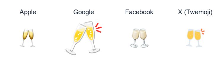 Clinking Glasses emoji artwork compared side by side for Apple, Google Noto, Facebook, and X Twemoji styles on white.