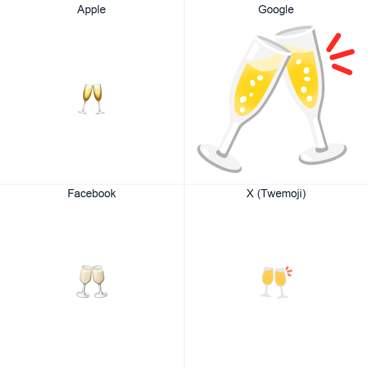 Clinking Glasses emoji in a square grid: Apple and Google on the top row, Facebook and X Twemoji on the bottom, on white.