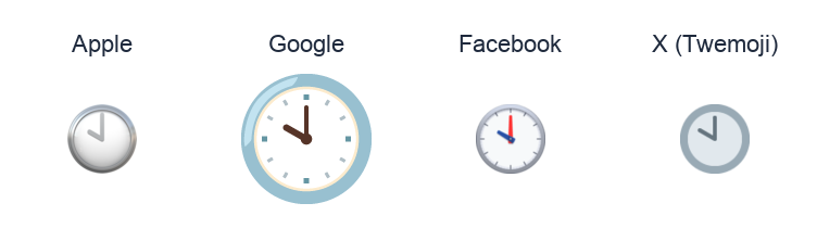 Clock Face Ten Oclock emoji artwork compared side by side for Apple, Google Noto, Facebook, and X Twemoji styles on white.