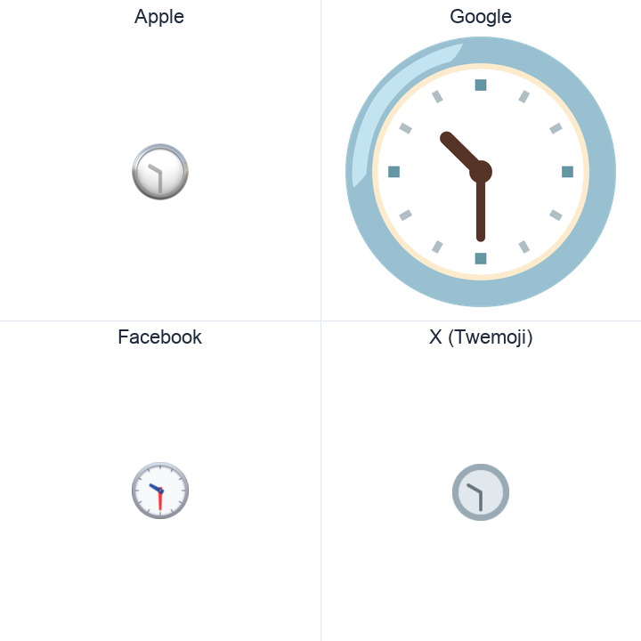 Clock Face Ten-Thirty emoji in a square grid: Apple and Google on the top row, Facebook and X Twemoji on the bottom, on white.