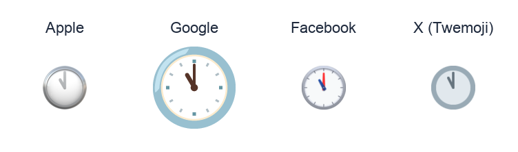 Clock Face Eleven Oclock emoji artwork compared side by side for Apple, Google Noto, Facebook, and X Twemoji styles on white.