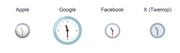 Clock Face Eleven-Thirty emoji artwork compared side by side for Apple, Google Noto, Facebook, and X Twemoji styles on white.